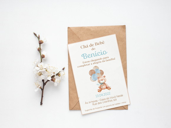 Convite Digital Personalizado Chá de Bebê Ursinho Aquarela