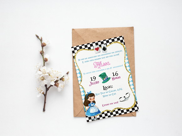Convite Digital Personalizado Alice no País das Maravilhas Aquarela