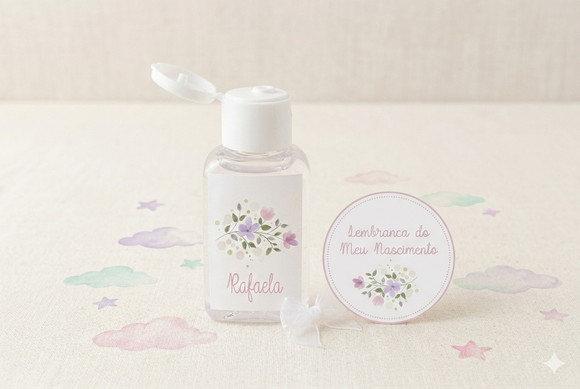 Etiqueta Personalizada Álcool Gel Floral Rosa e Lilás e Tag
