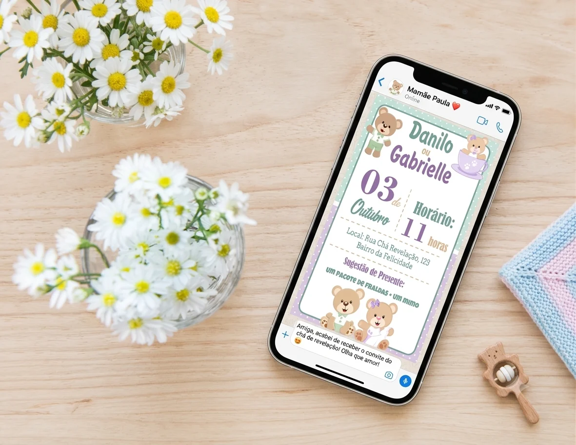 Convite Digital Personalizado Chá Revelação Ursinhos Verde e Lilás - Imagem 1