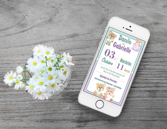 Convite Digital Personalizado Chá Revelação Ursinhos Verde e Lilás