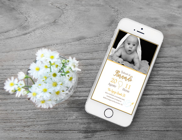 Convite Digital Personalizado Batizado Dourado com Foto