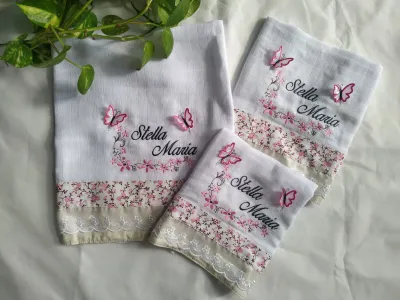 kit de fralda 3 pç personalizado floral e borboleta em 3D