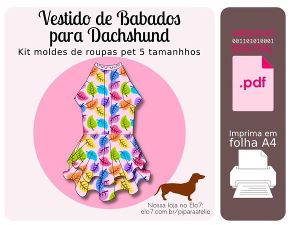 Molde Digital Roupa Pet 5 Tamanhos - Vestido para Dachshund