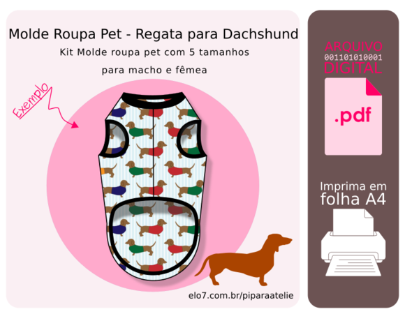Molde Digital Roupa Pet 5 Tamanhos - Regata para Dachshund