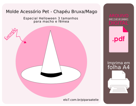 Molde Chapéu Pet 3 Tamanhos - Chapéu Bruxa/mago
