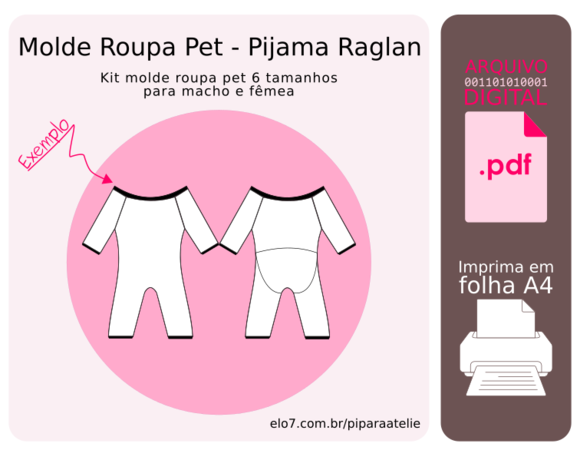 Molde Roupa Pet 6 Tamanhos - Pijama Manga Raglan (pdf)