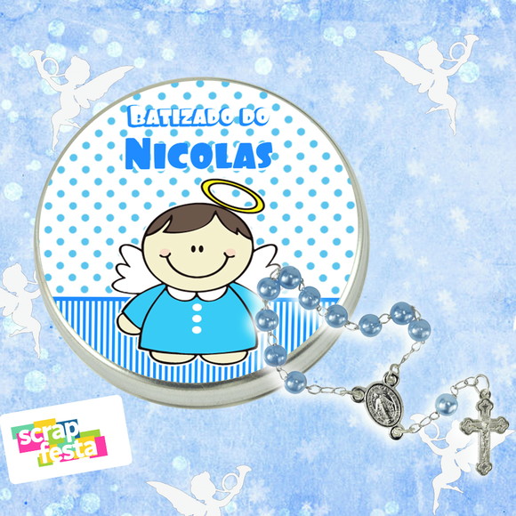 Latinhas Personalizadas Festa Batizado + Mini Terço Azul