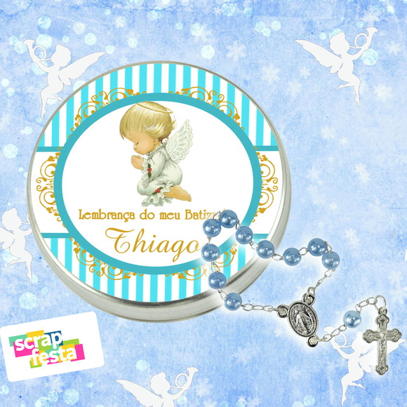 Latinhas Personalizadas Festa Batizado + Mini Terço Azul
