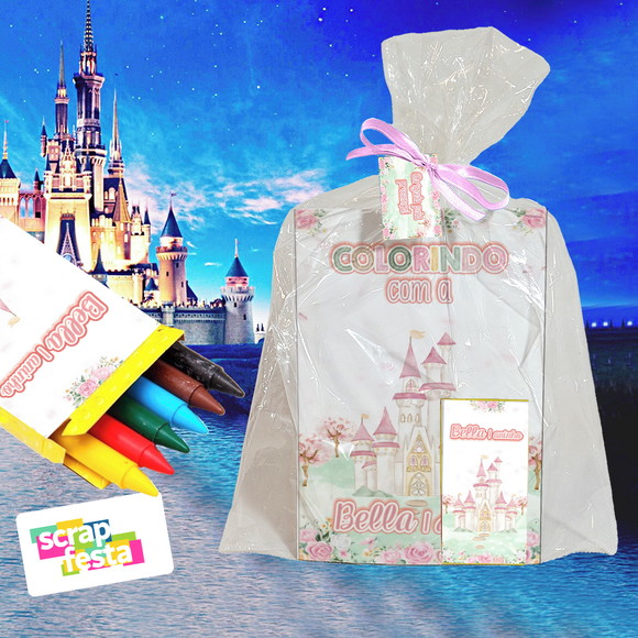 Revista Colorir+embalagem+giz de Cera Festa Princesas