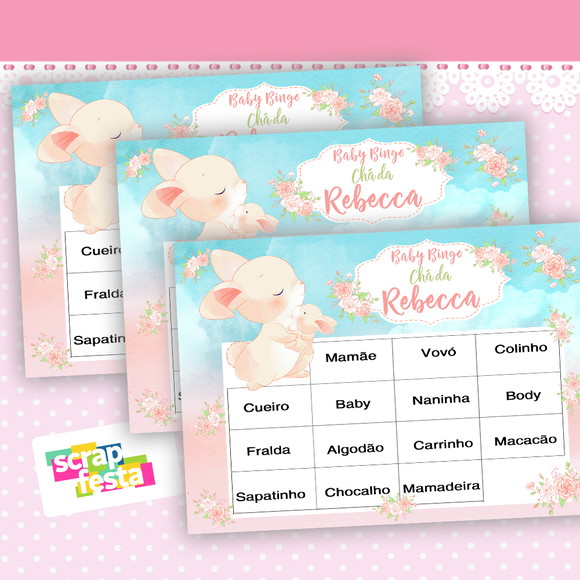 Bingo Festa Chá de Bebê Menina Coelha Cute Aquarela