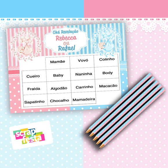 Kit Bingo + Lápis Festa Chá Revelação Baby Bingo
