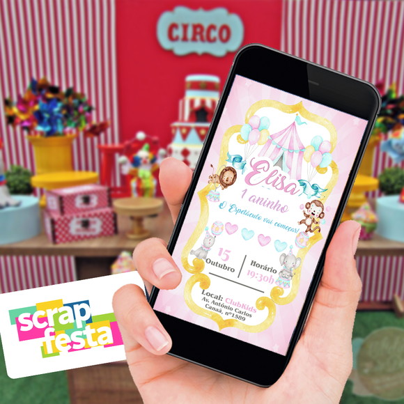 Convite Arte Digital Personalizado Festa Circo Rosa Aquarela