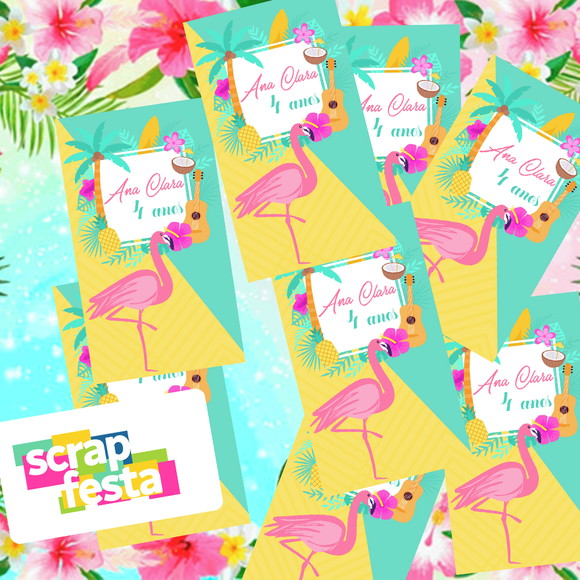 Adesivo Personalizado Retangular 4x7 Festa Tropical Flamingo