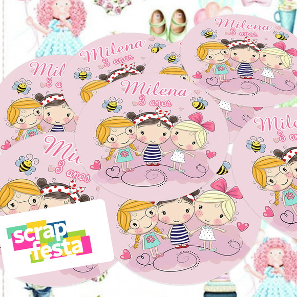 Adesivo 5 cm Redondo Personalizado Festa Bonecas