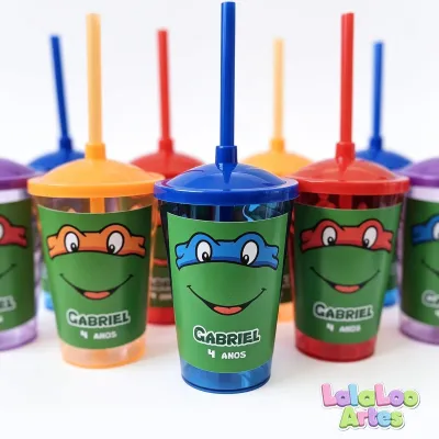Copo Tartarugas Ninjas Personalizado com Tampa e canudo