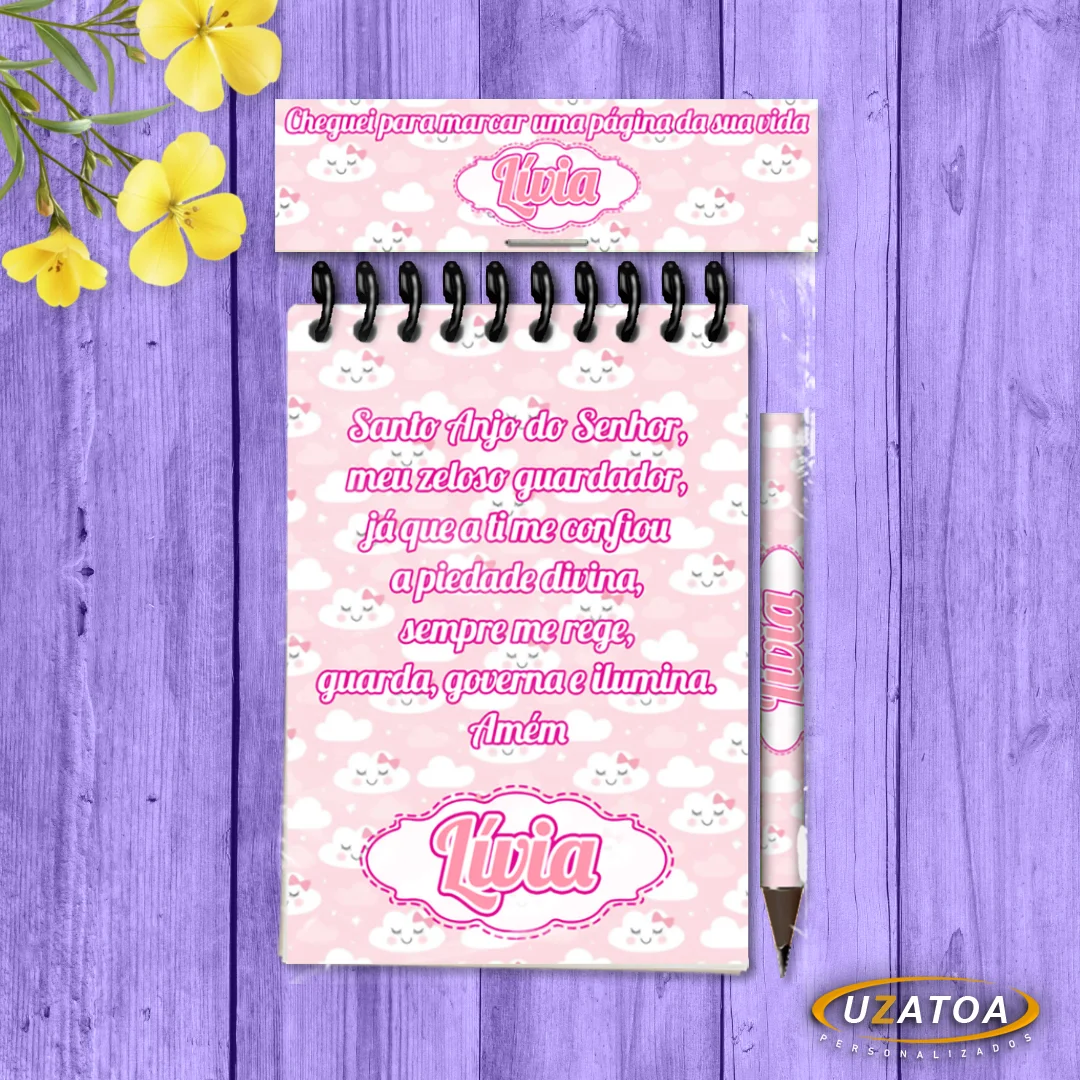 Bloco Personalizado com Lapela e Mini Lápis - Nuvens Rosa