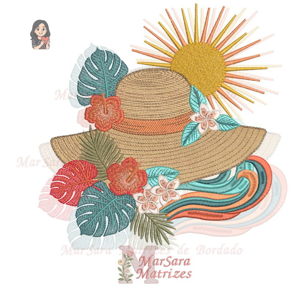 Matriz de Bordado Verão Chapéu Flores Mar e Sol