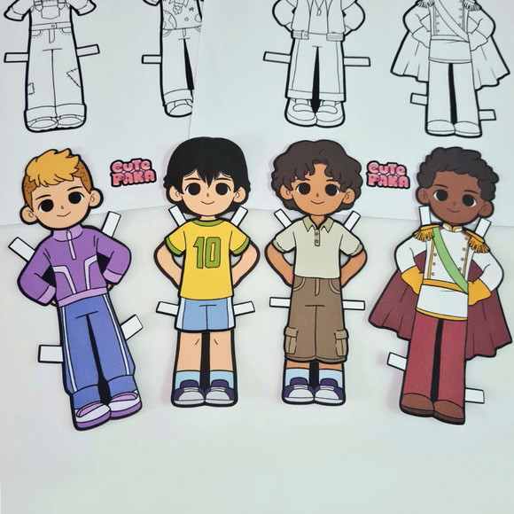 Kit com 4 Bonecos de Papel Troca Roupinha p/ Colorir