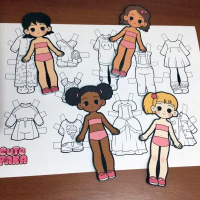 Kit com 4 Bonecas de Papel Troca Roupinha com roupinhas para colorir e recortar