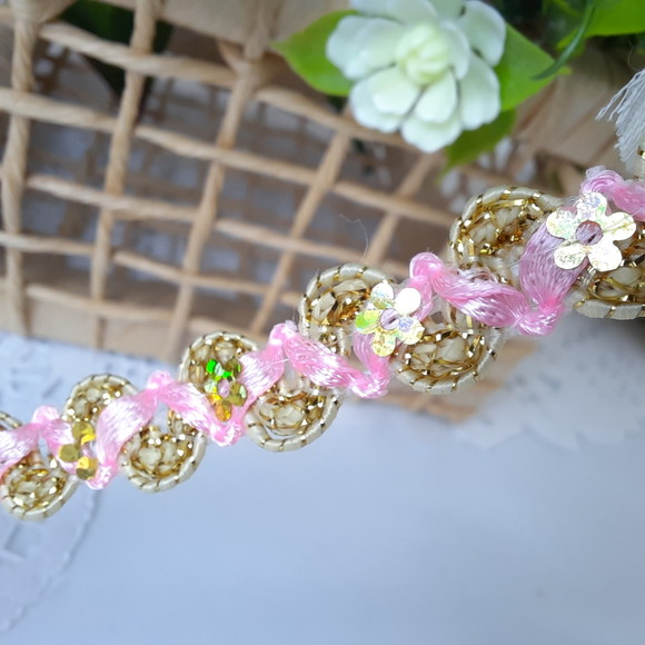 Passamanaria Galão Metalizado Dourado com Rosa | Venda por Metro | Artesanato e Scrap - Imagem 4