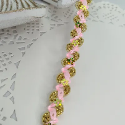 Passamanaria Galão Metalizado Dourado com Rosa | Venda por Metro | Artesanato e Scrap