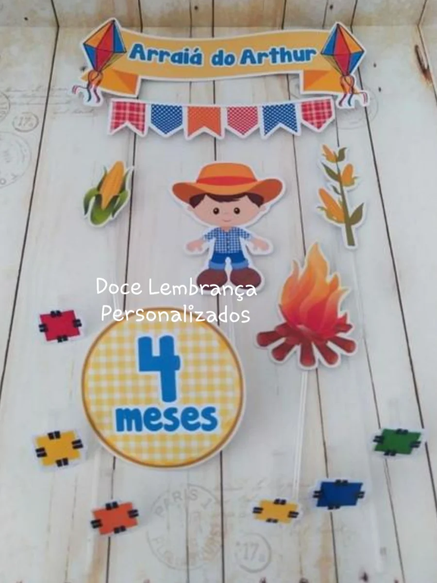 Topper de Bolo Festa Junina Mêsversario aniversário Menino - Imagem 1