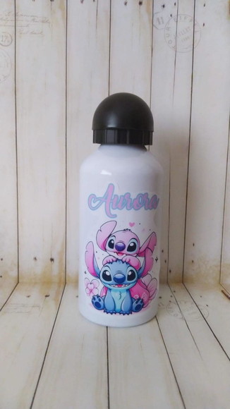 Garrafa Squeeze Escolar Stitch e Angel Tampa Bolinha