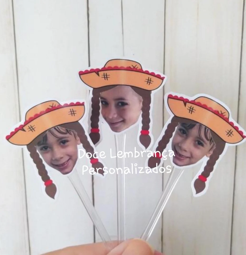 Topper para Docinhos com Rostinho Chapéu trancinha Festa Junina Menina - Imagem 2