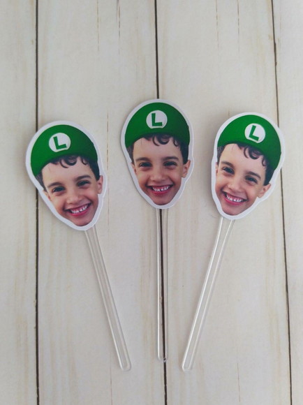 Topper para Docinhos com Foto Rosto Luigi - Super Mário