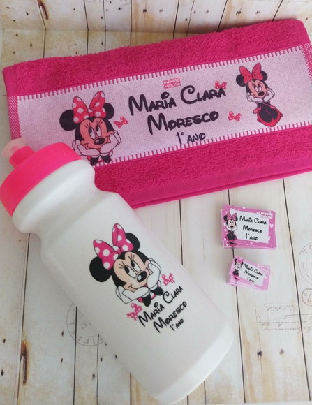 Kit Escolar Etiquetas, Toalhinha, Garrafa Minnie Rosa