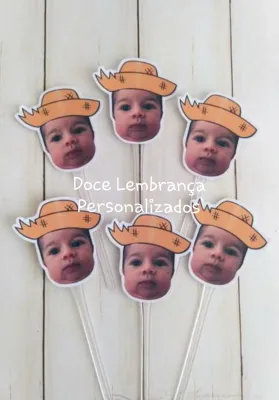 Topper para Docinhos com Foto Rostinho bebê Chapéu Festa Junina