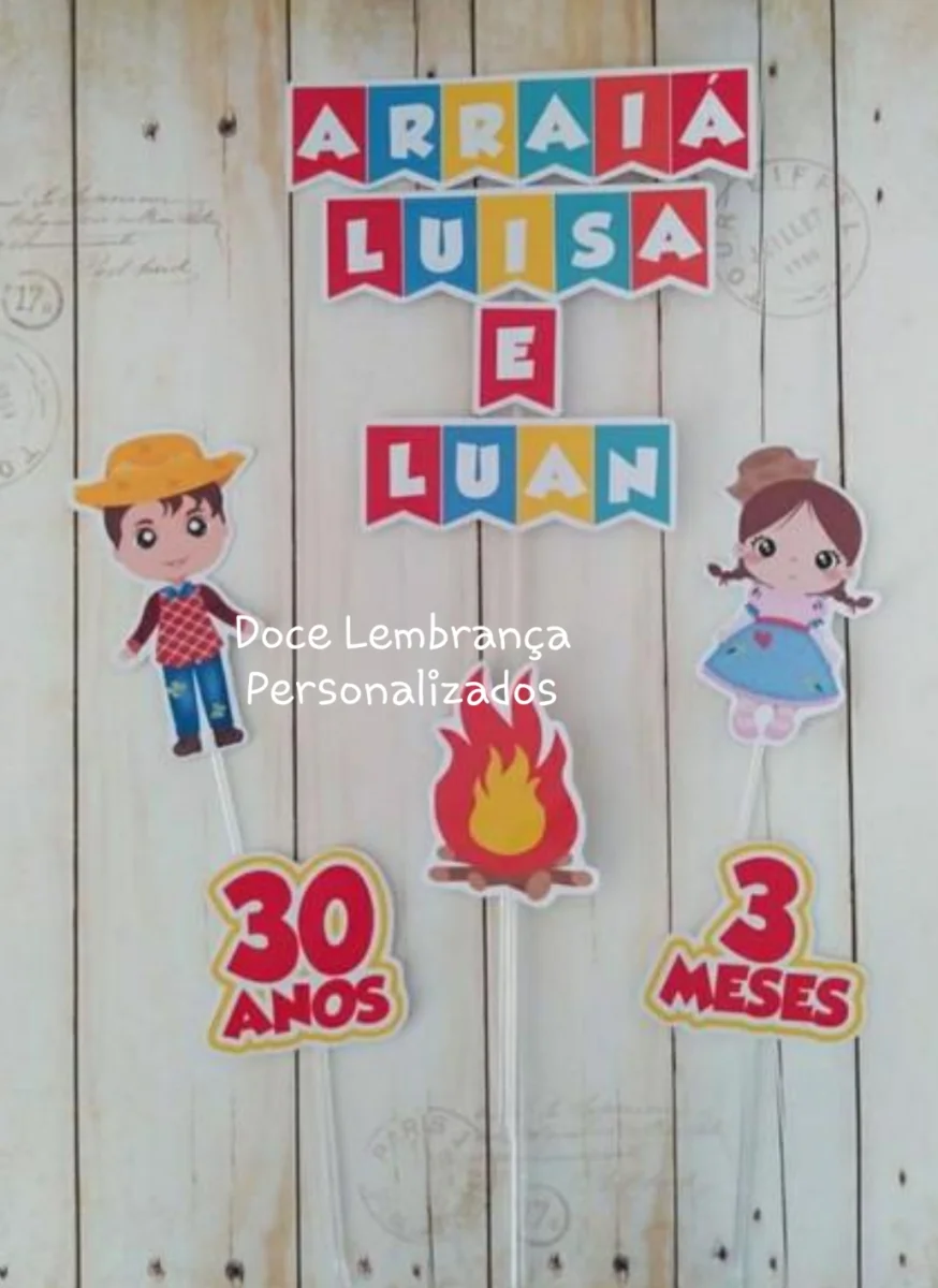 Topper de bolo Festa Junina/arraiá Mesversario aniversário Pai e filha