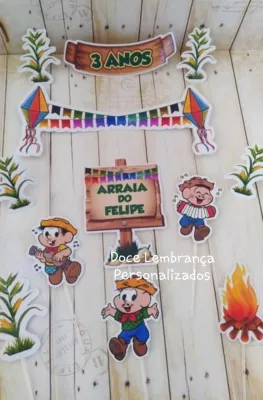 Topper de bolo personalizado Arraiá Chico Bento aniversário, mesversário infantil bebê arraiá