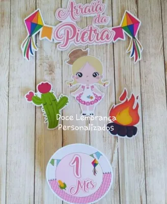 Topper de bolo festa junina menina aniversário infantil, mesversário