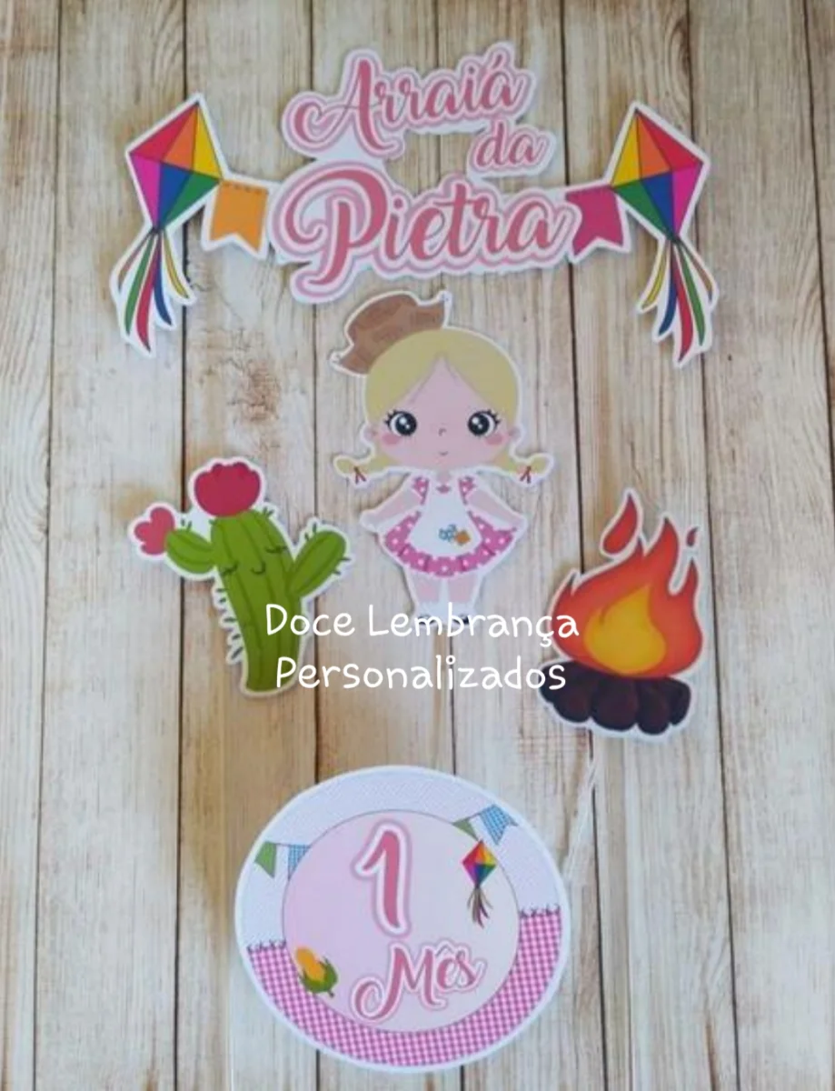 Topper de bolo festa junina menina aniversário infantil, mesversário - Imagem 2
