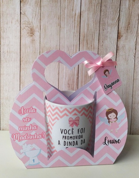 Convite Padrinhos Batismo caneca com suporte personalizado