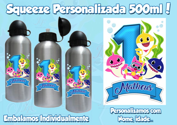 01 Squeeze Garrafinha Alumínio Personalizada Baby Shark