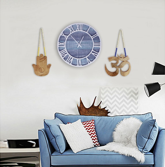Relógio Parede Madeira Decorativo Ripas 2 Tons Azul Romano