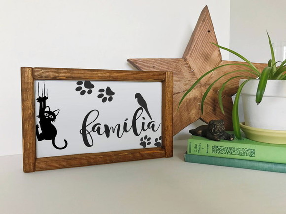 Quadro Rústico Madeira Pintado Família Pet Cachorro Gato