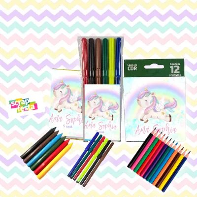 Kit Colorir Giz de Cera+canetinha+lápis de Cor Unicórnio