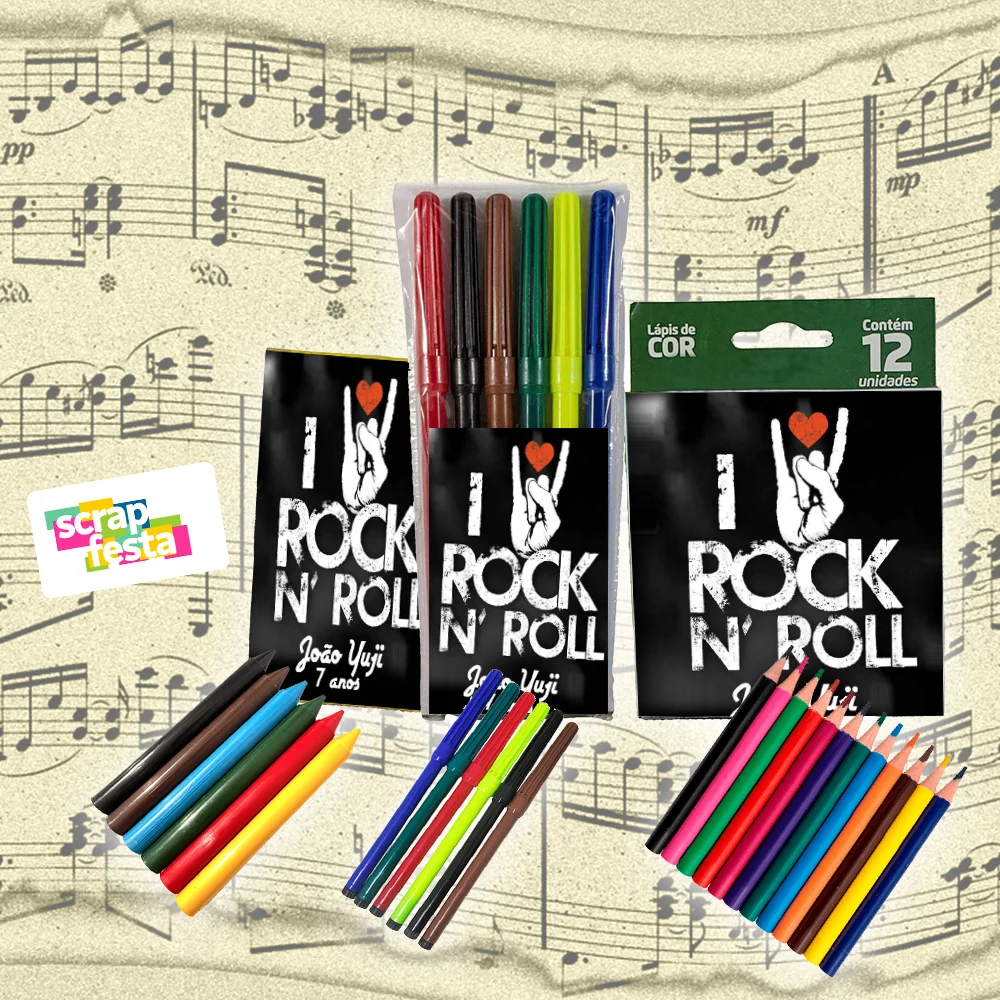 Kit Colorir Giz de Cera+canetinha+lápis de Cor Rock'n Roll