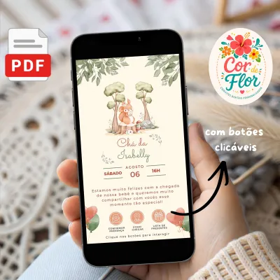 Convite Digital Interativo Chá de Bebê Menina Tema Bosque Esquilo Floresta Encantada