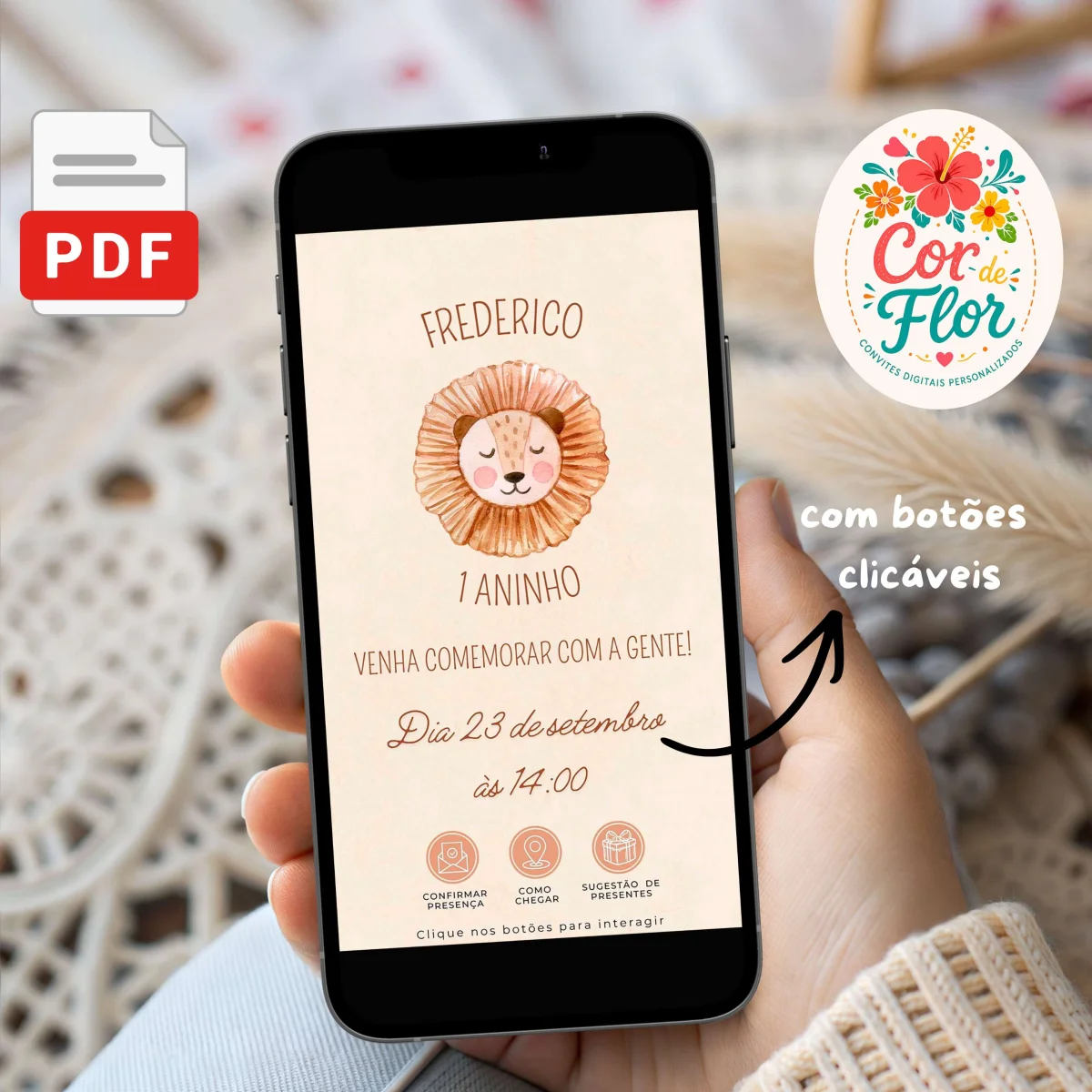 Convite Digital Interativo 1 Aninho Tema Leãozinho Safari Boho Menino