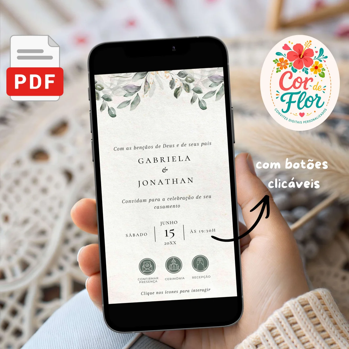 Convite Digital Interativo Casamento Tema Folhagem Verde Minimalista Clássico