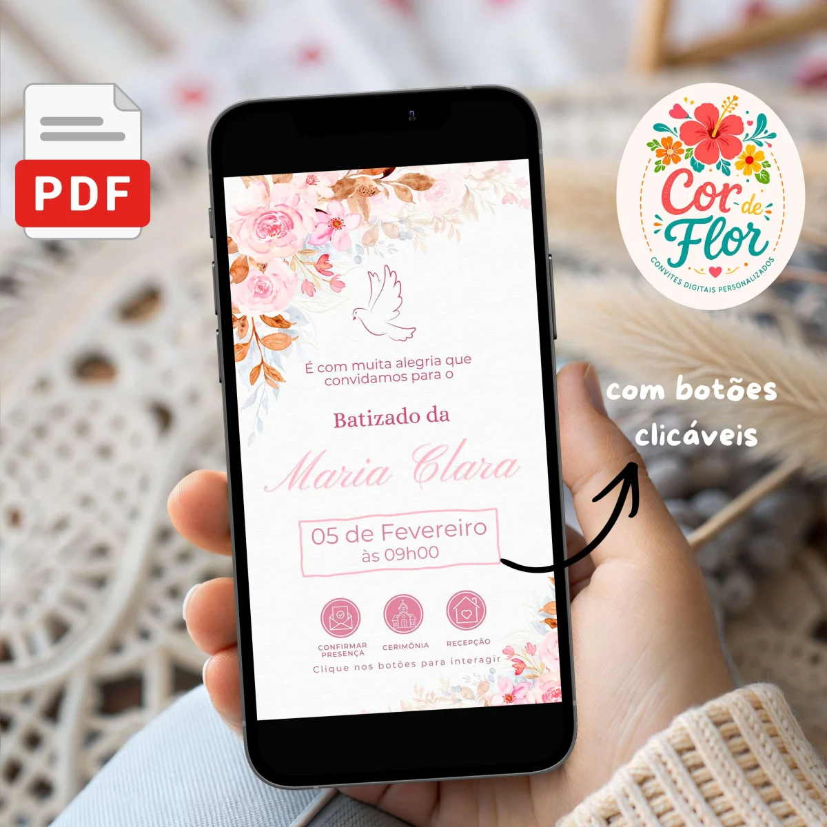 Convite Digital Interativo Batizado Menina Tema Pombinha Floral Rosa