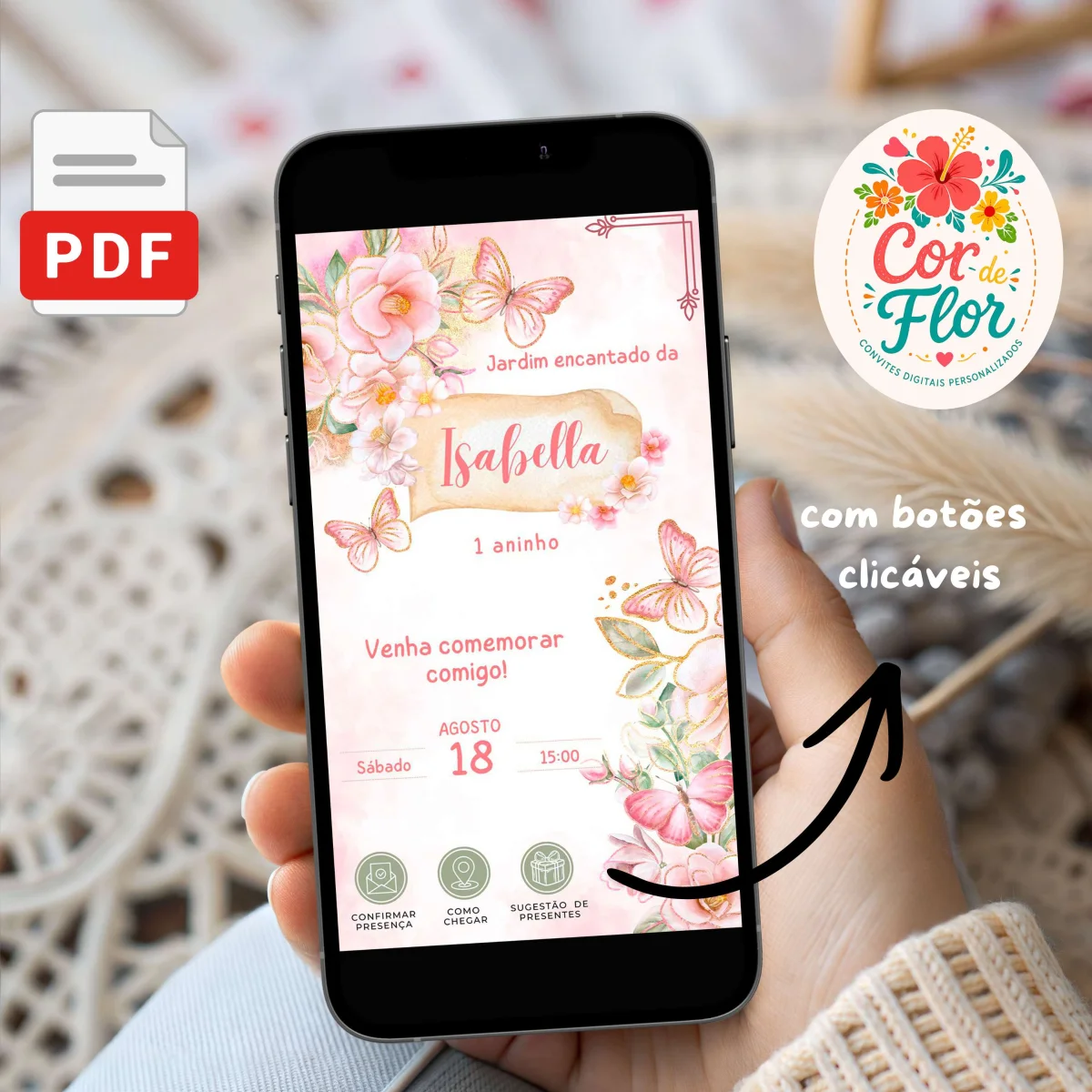 Convite Digital Interativo 1 Aninho Tema Borboletas Jardim Encantado Menina - Imagem 1