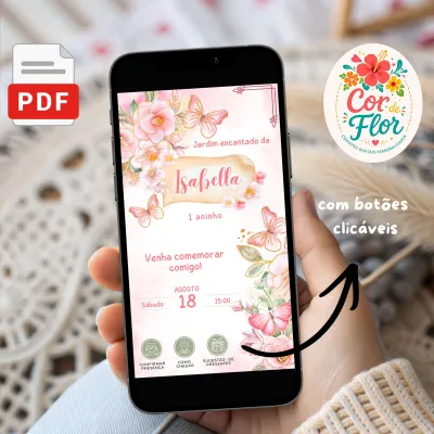 Convite Digital Interativo 1 Aninho Tema Borboletas Jardim Encantado Menina