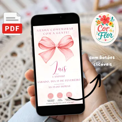 Convite Digital Interativo 1 Aninho Tema Coquette Laço Rosa Menina