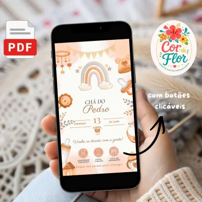 Convite Digital Interativo Chá de Bebê Tema Arco-Íris Boho Tons Terrosos